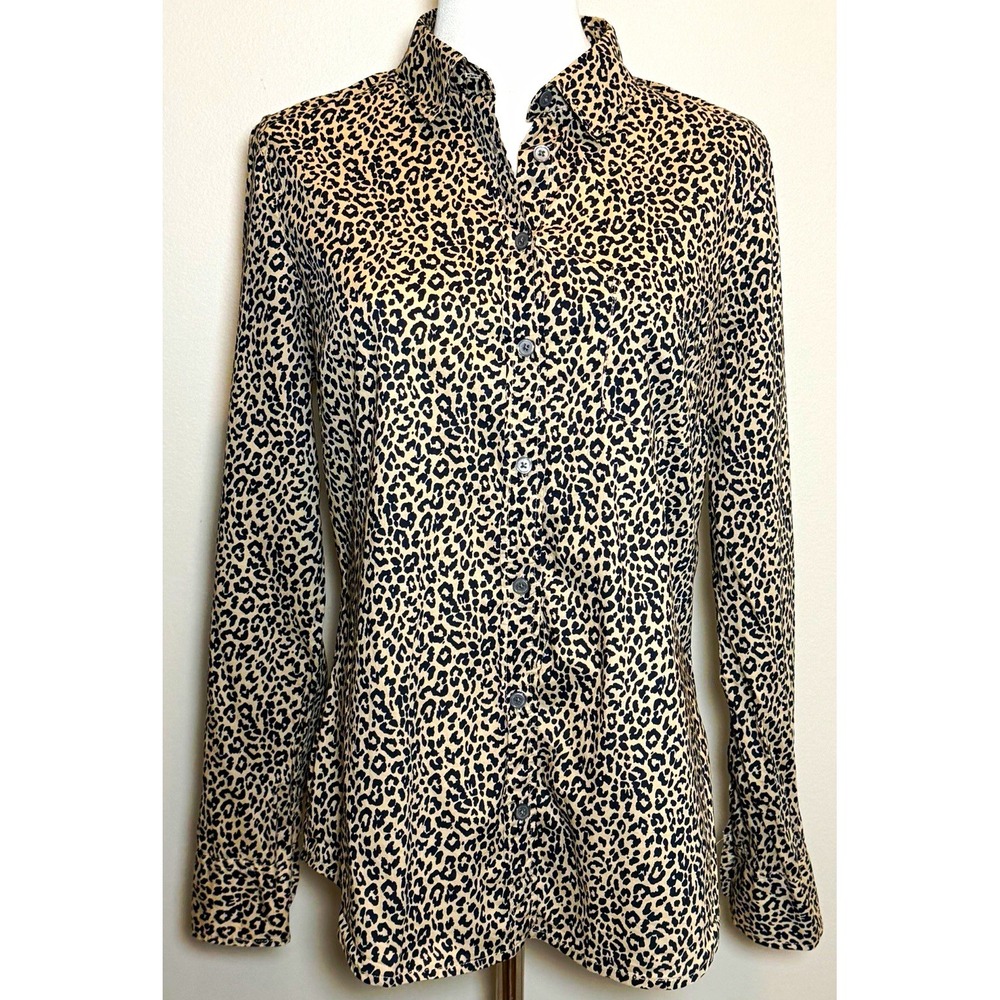 J.CREW Beige Deep Blue Leopard Print Collared Long Sleeve Cotton Shirt Women Med